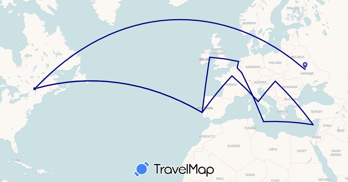 TravelMap itinerary: driving in Belgium, Canada, Cyprus, France, Hungary, Ireland, Italy, Luxembourg, Malta, Netherlands, Portugal, Ukraine, Vatican City (Asia, Europe, North America)