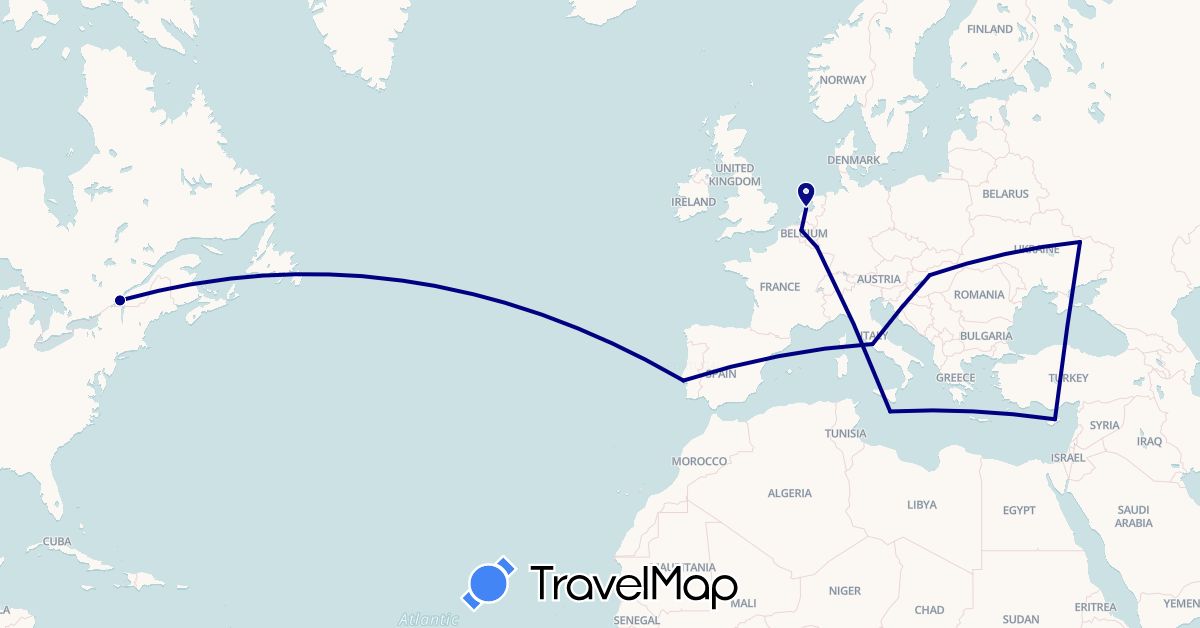 TravelMap itinerary: driving in Belgium, Canada, Cyprus, Hungary, Italy, Luxembourg, Malta, Netherlands, Portugal, Ukraine (Asia, Europe, North America)